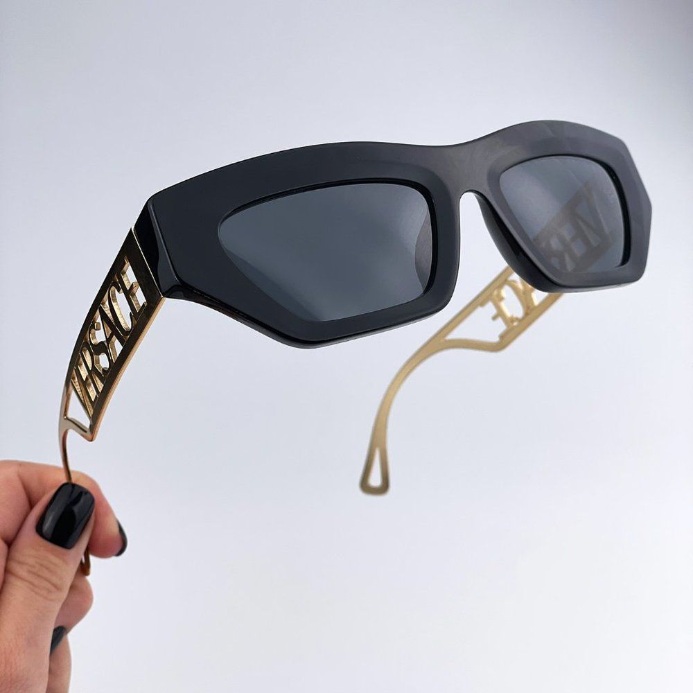 Versace VE4432U 90s Vintage Logo GB1/87 Sunglasses Black Gold Cat Eye Women